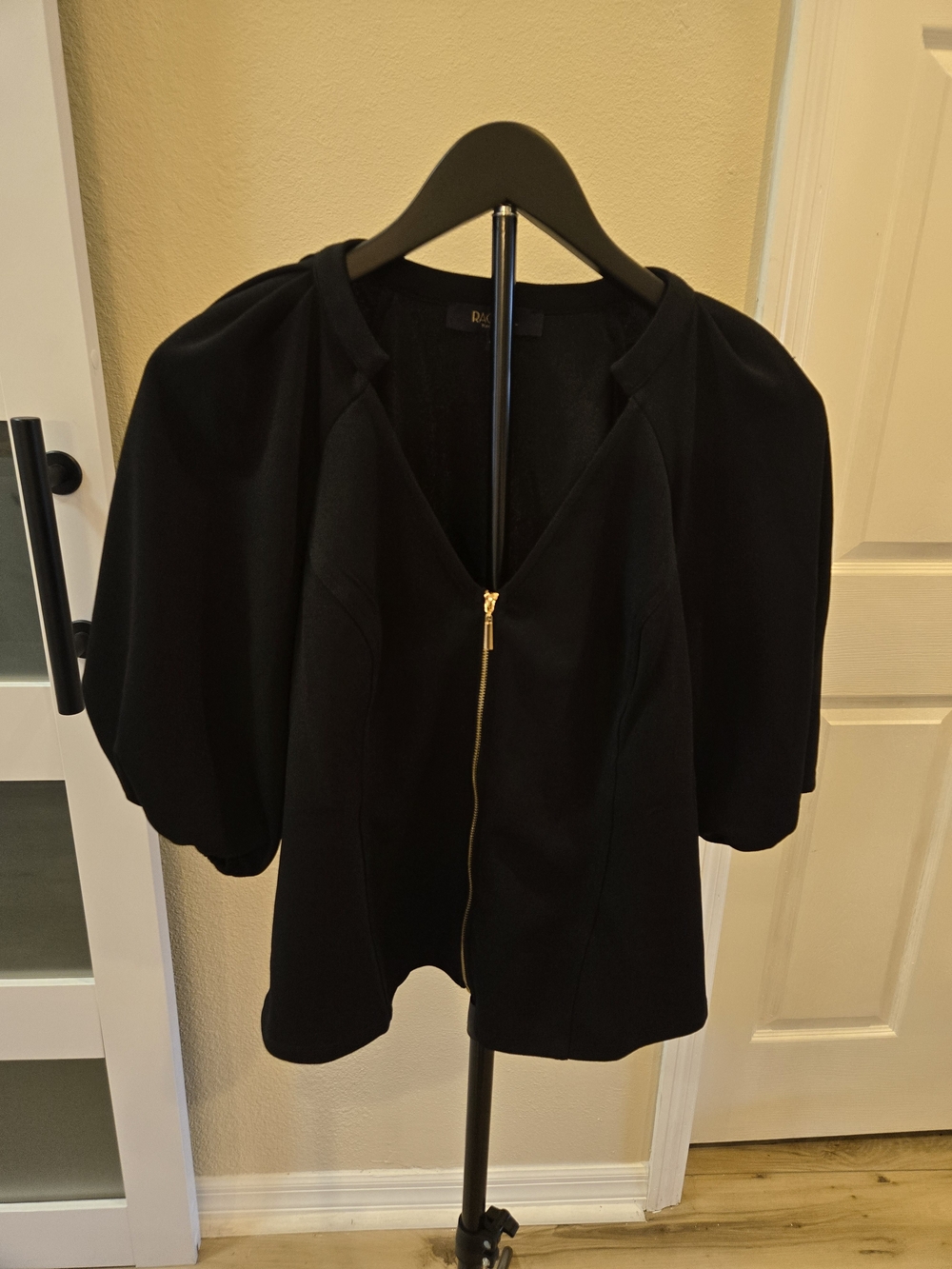 Rachel Black Zip-Front Blouse with Puff Sleeves